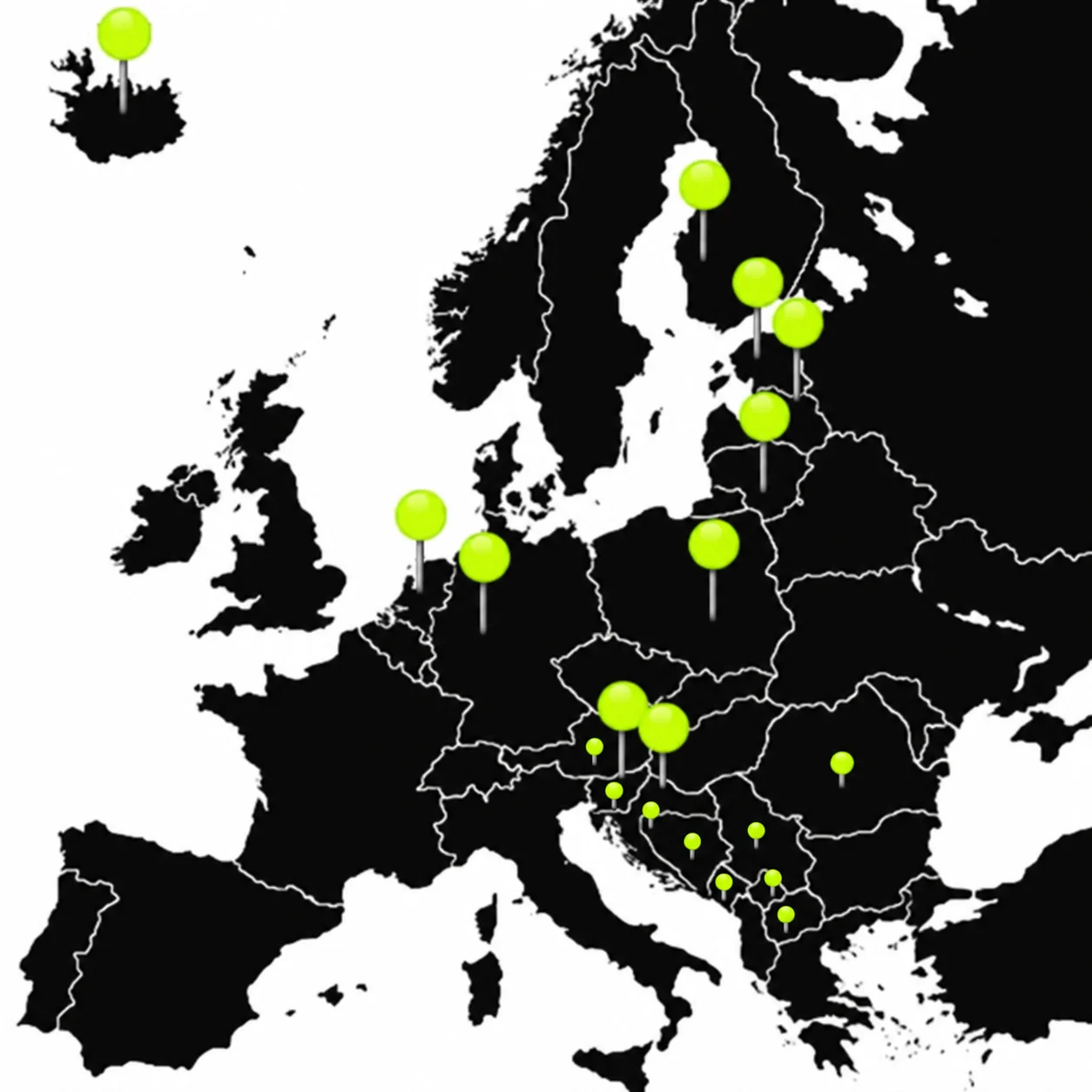 Карта на европските партнери со Австрија, Словенија, Хрватска, Босна и Херцеговина, Србија, Црна Гора, Косово, Северна Македонија и Романија